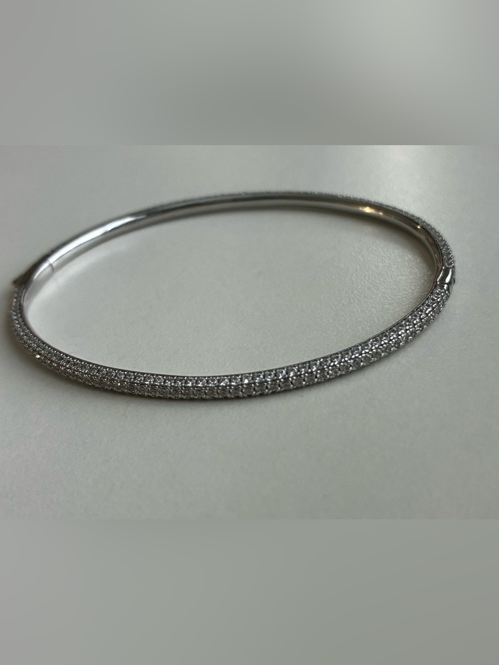 Sterling Silver Oval Pavé CZ Bangle Bracelet – Elegant Hinged Cuff for 7” Wrist